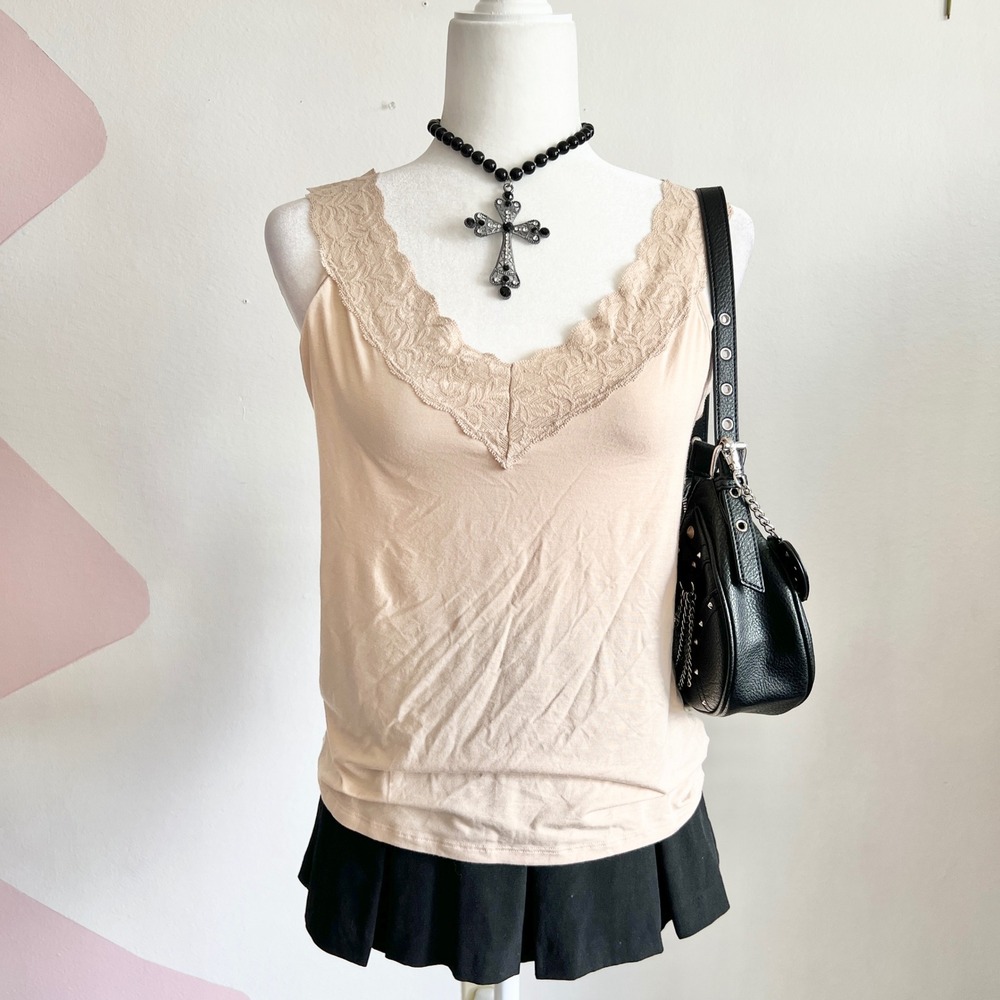 Beige Lace Trim Tank Top, Y2K Coquette Vintage Western Boho, XL